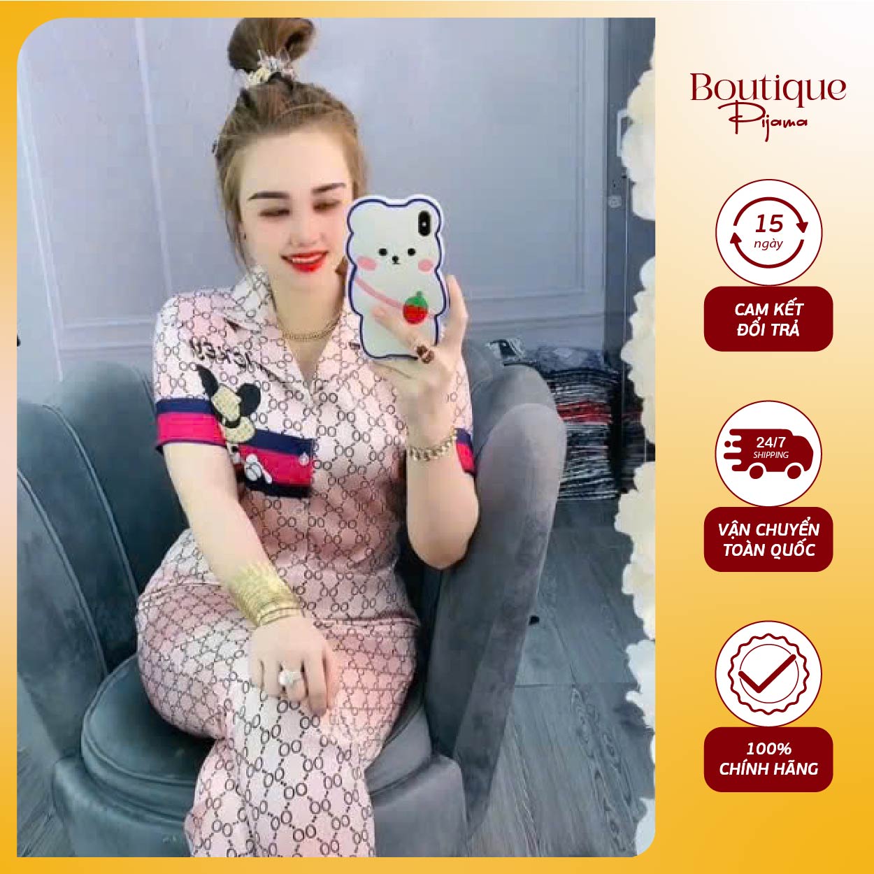 #1 Pijama màu hồng lụa quảng châu TRẺ XINH phong cách Hàn Quốc hiện đại Free Size 42kg - 70kg