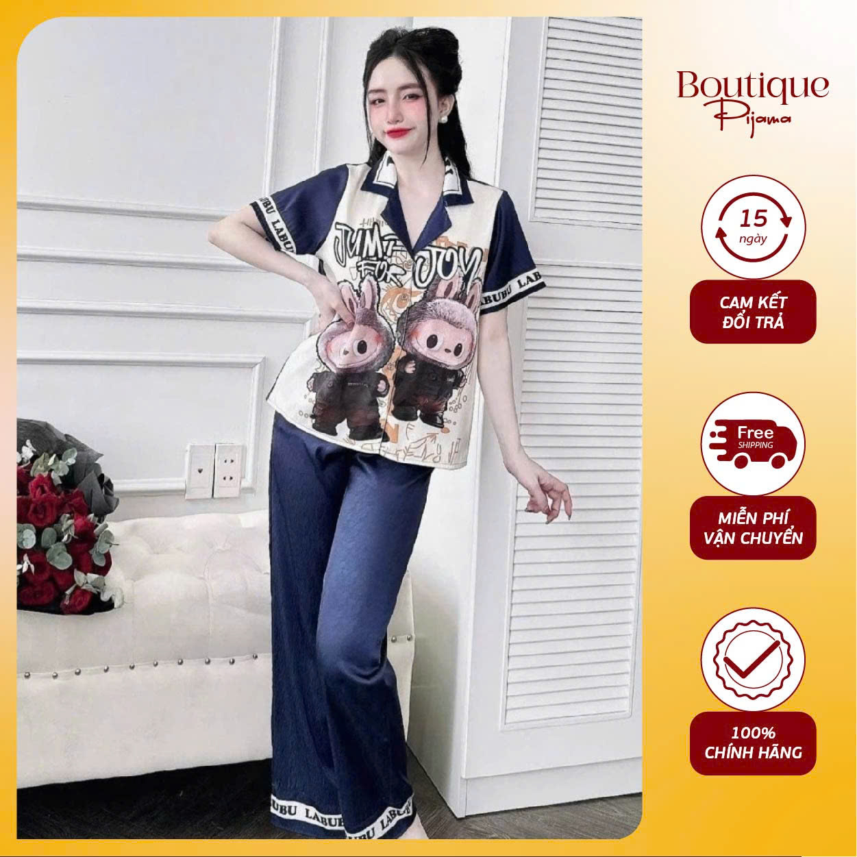 #1  Pijama Labubu Cộc dài Lụa Satin mềm mại duyên dáng