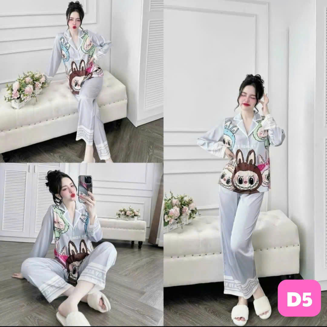 #1 Thời  Trang Pijama nữ Lụa Satin mềm mìn họa tiết Labubu xanh nâu cực sang